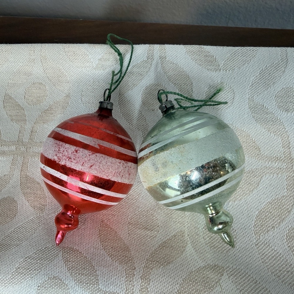 Vintage Shiny Brite‎ ? Set Of 2 Glass Ornaments Teardrop Mica Stripe